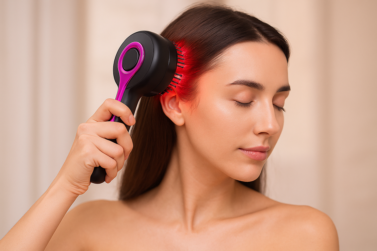 Woman using a hairbrush with red light on a beige background