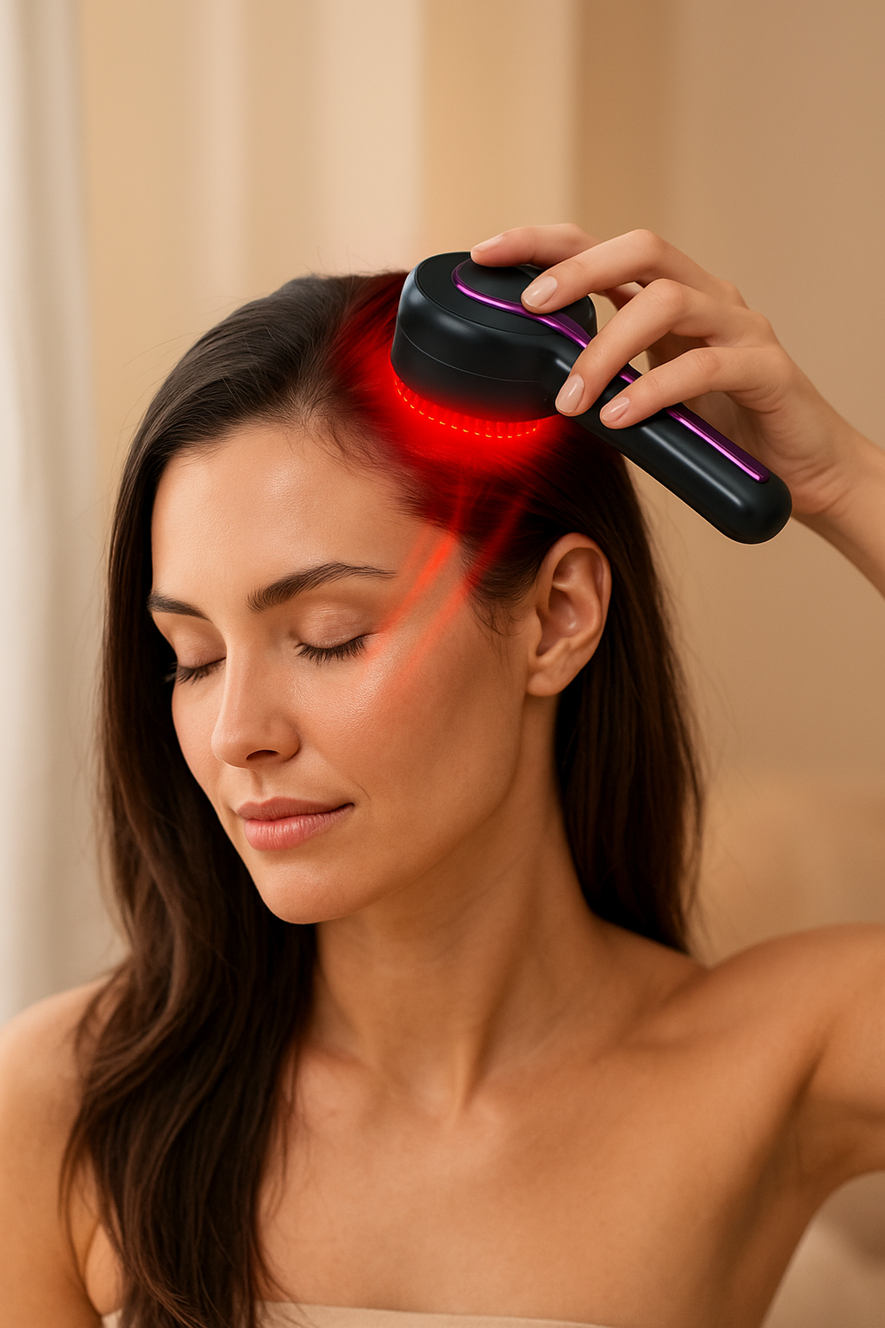 Woman using a red light device on her head against a beige background