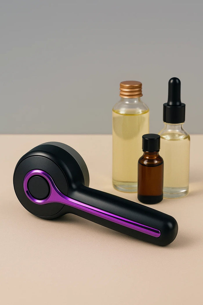 Black and purple handheld device on a beige surface with bottles of liquid in the background.